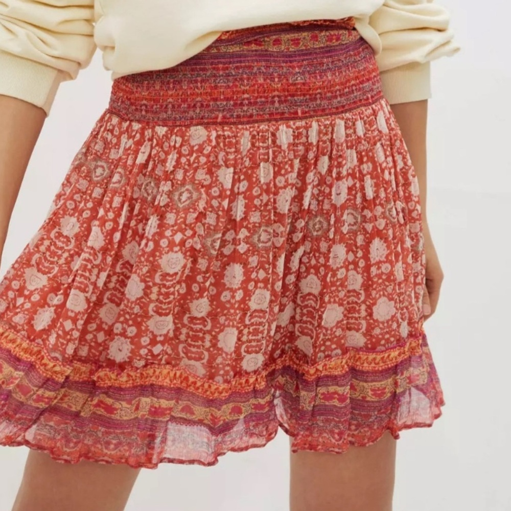 Anthropologie smocked waist floral mini skirt red/orange print size xl